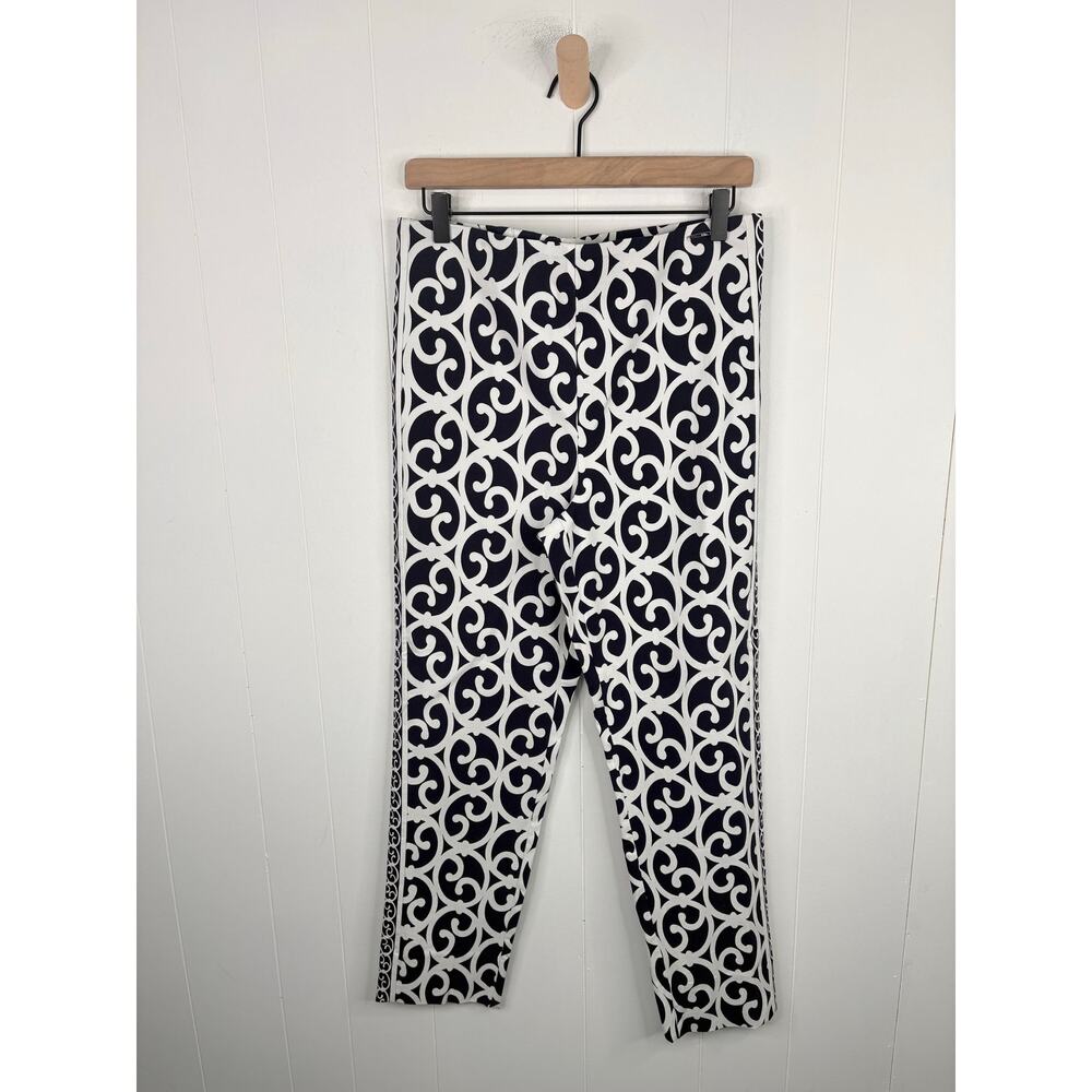 NWT Elie Tahari Geo Scroll Print Trouser Pants Size Large Navy Blue High Rise
